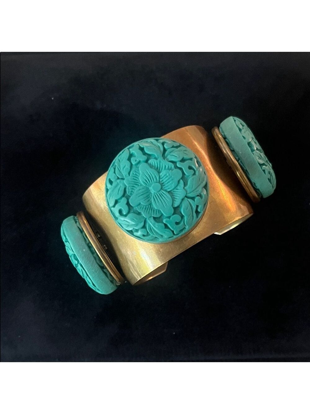 Vintage Jan Michaels Turquoise Coin Cuff Bracelet Bronze Patina Floral Retired